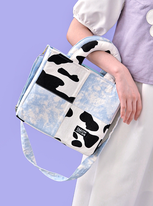 Milk Cow Pattern Blue Sky Plaid Stitching Summer Large-Capacity Sweet Lolita Handheld Shoulder Bag