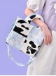 Milk Cow Pattern Blue Sky Plaid Stitching Summer Large-Capacity Sweet Lolita Handheld Shoulder Bag