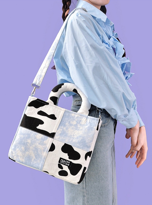 Milk Cow Pattern Blue Sky Plaid Stitching Summer Large-Capacity Sweet Lolita Handheld Shoulder Bag