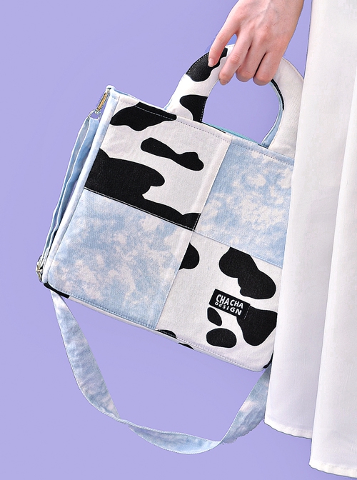 Milk Cow Pattern Blue Sky Plaid Stitching Summer Large-Capacity Sweet Lolita Handheld Shoulder Bag