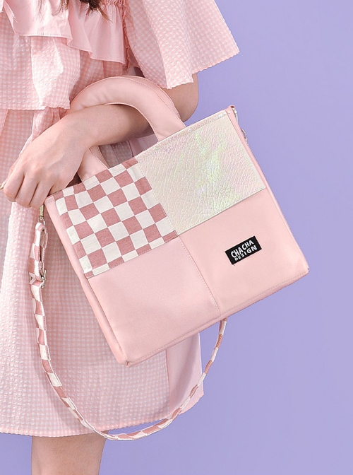 Milk Cow Pattern Blue Sky Plaid Stitching Summer Large-Capacity Sweet Lolita Handheld Shoulder Bag