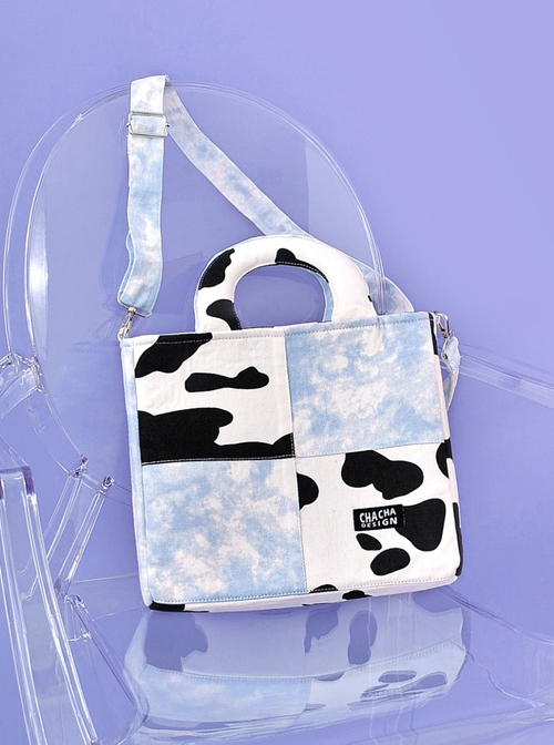 Milk Cow Pattern Blue Sky Plaid Stitching Summer Large-Capacity Sweet Lolita Handheld Shoulder Bag