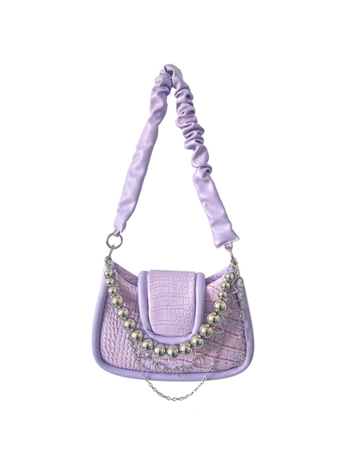 Pure Color Summer PU Simple Fashion Steel Ball Hollow Love Chain Decoration Sweet Lolita Shoulder Bag