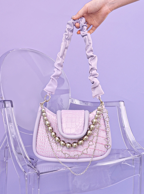 Pure Color Summer PU Simple Fashion Steel Ball Hollow Love Chain Decoration Sweet Lolita Shoulder Bag