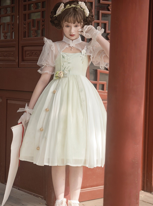 Chinese Style Han Element Lily Embroidery Three-Dimensional Flower Bell Decoration Daily Sweet Classic Lolita Short-Sleeved Dress
