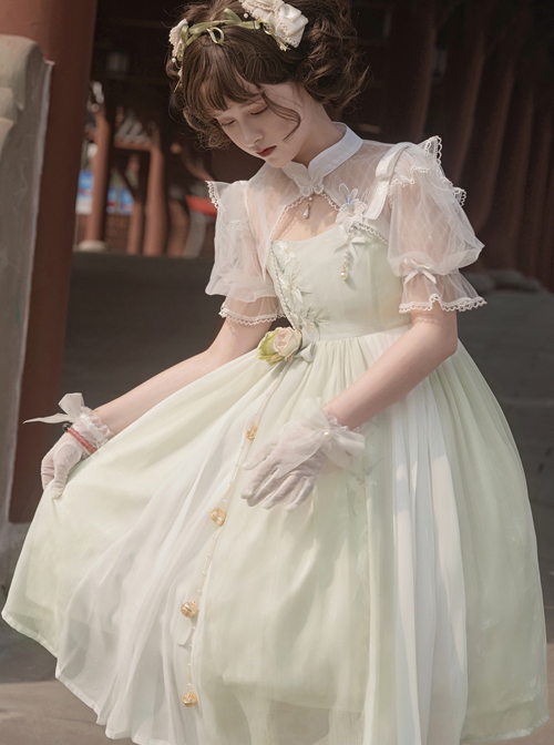 Chinese Style Han Element Lily Embroidery Three-Dimensional Flower Bell Decoration Daily Sweet Classic Lolita Short-Sleeved Dress