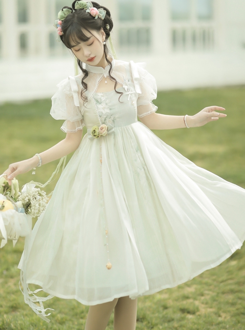 Chinese Style Han Element Lily Embroidery Three-Dimensional Flower Bell Decoration Daily Sweet Classic Lolita Short-Sleeved Dress