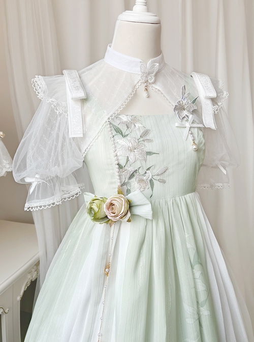 Chinese Style Han Element Lily Embroidery Three-Dimensional Flower Bell Decoration Daily Sweet Classic Lolita Short-Sleeved Dress