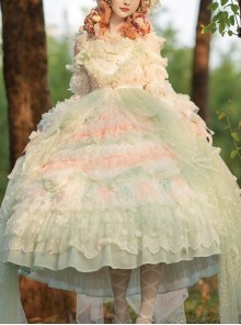 Retro Gorgeous Spring Tea Party Girl Green Bare Shoulder Sweet Lolita Mid-Sleeved Dress