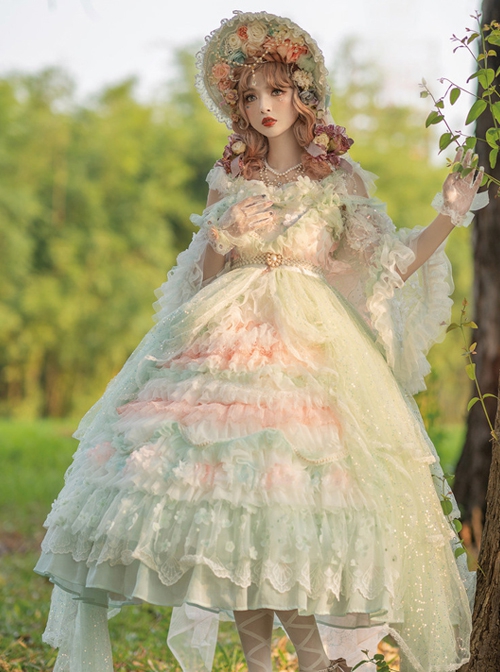 Retro Gorgeous Spring Tea Party Girl Green Bare Shoulder Sweet Lolita Mid-Sleeved Dress