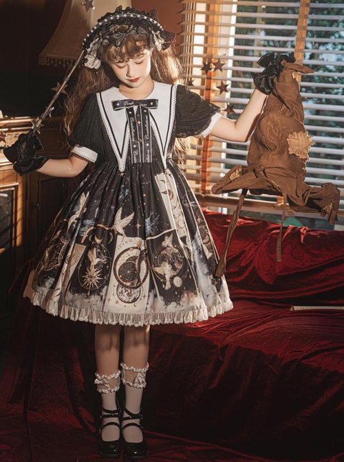 Starry Sky Bird Series Magical Girl Exquisitely Printed Preppy Style Classic Lolita Summer Short-Sleeved Dress