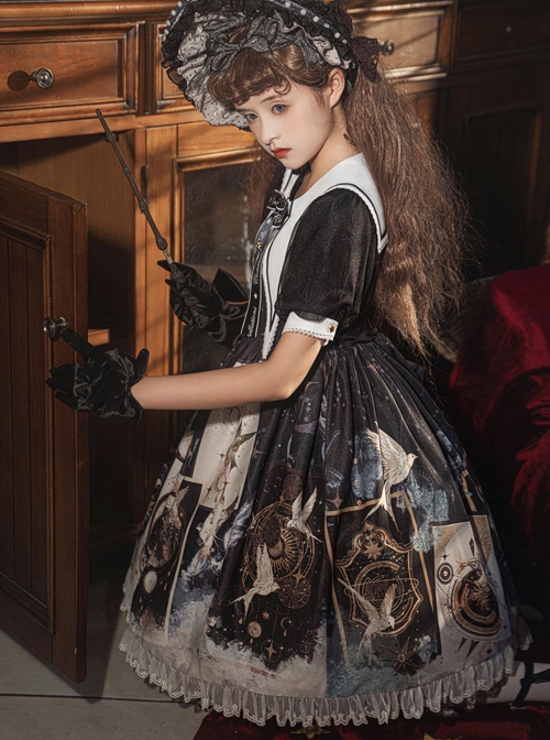 Starry Sky Bird Series Magical Girl Exquisitely Printed Preppy Style Classic Lolita Summer Short-Sleeved Dress