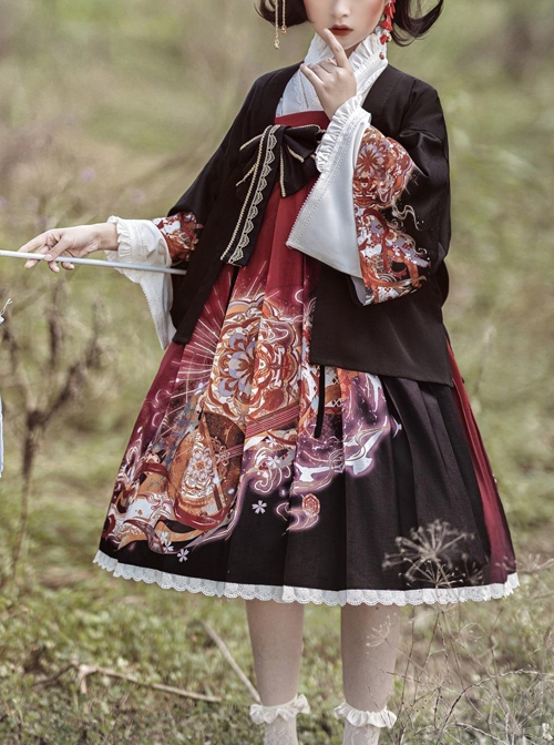 Japanese Girl Spring Summer Print Classic Lolita Sleeveless Dress Shirt Coat Suit