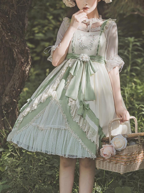 Pastoral Style Elegant Embroidery Green Fresh Lace Irregular Hem Design Classic Lolita Sleeveless Dress