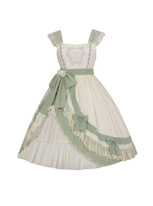 Pastoral Style Elegant Embroidery Green Fresh Lace Irregular Hem Design Classic Lolita Sleeveless Dress