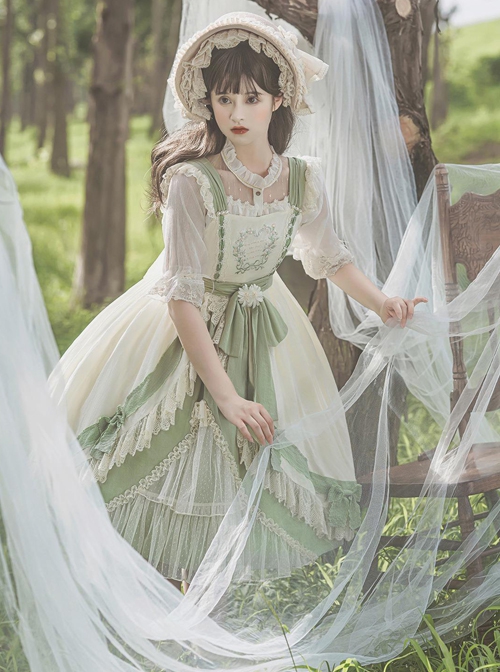 Pastoral Style Elegant Embroidery Green Fresh Lace Irregular Hem Design Classic Lolita Sleeveless Dress