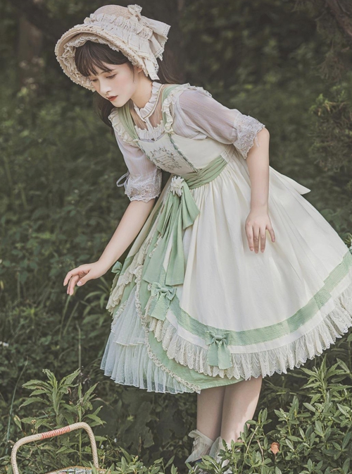 Pastoral Style Elegant Embroidery Green Fresh Lace Irregular Hem Design Classic Lolita Sleeveless Dress