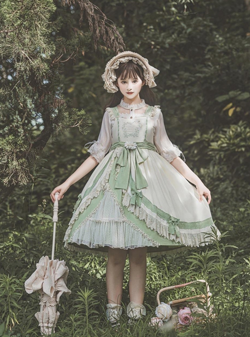 Pastoral Style Elegant Embroidery Green Fresh Lace Irregular Hem Design Classic Lolita Sleeveless Dress