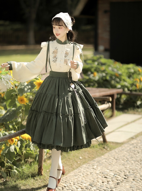 Sunflower Covenant Series Chinese Style Improved Hanfu Elegant Stand Collar Pipa Sleeve Sunflower Embroidered Shirt Skirt Set