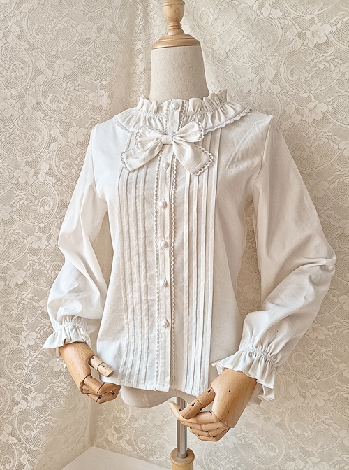 Solid Color Lace Ruffle Round Neck Daily Versatile Classic Lolita Long-Sleeved Shirt