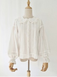 Spring Summer Pure Color Lace Doll Collar Ruffled All-Match Classic Lolita Long-Sleeved Shirt
