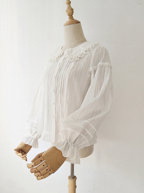 Spring Summer Pure Color Lace Doll Collar Ruffled All-Match Classic Lolita Long-Sleeved Shirt