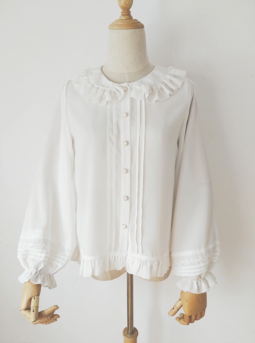 White Lace Doll Collar Chiffon Lantern Sleeve Ruffle Classic Lolita Long Sleeve Shirt