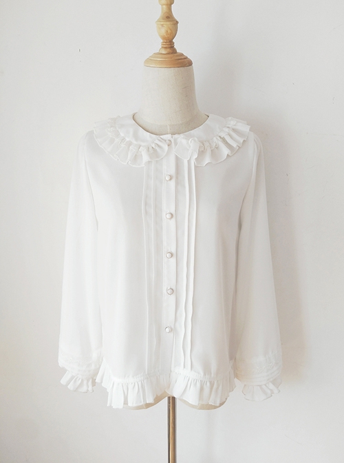 White Lace Doll Collar Chiffon Lantern Sleeve Ruffle Classic Lolita Long Sleeve Shirt