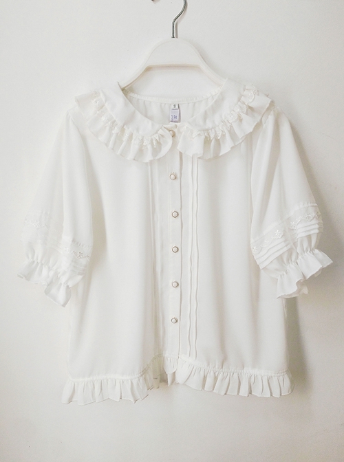 Cute Lace Doll Collar Ruffle Trim Lantern Sleeve Chiffon Classic Lolita Short Sleeve Shirt