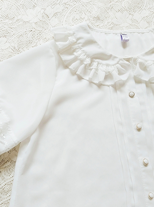 Cute Lace Doll Collar Ruffle Trim Lantern Sleeve Chiffon Classic Lolita Short Sleeve Shirt