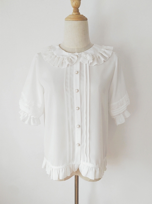 Cute Lace Doll Collar Ruffle Trim Lantern Sleeve Chiffon Classic Lolita Short Sleeve Shirt