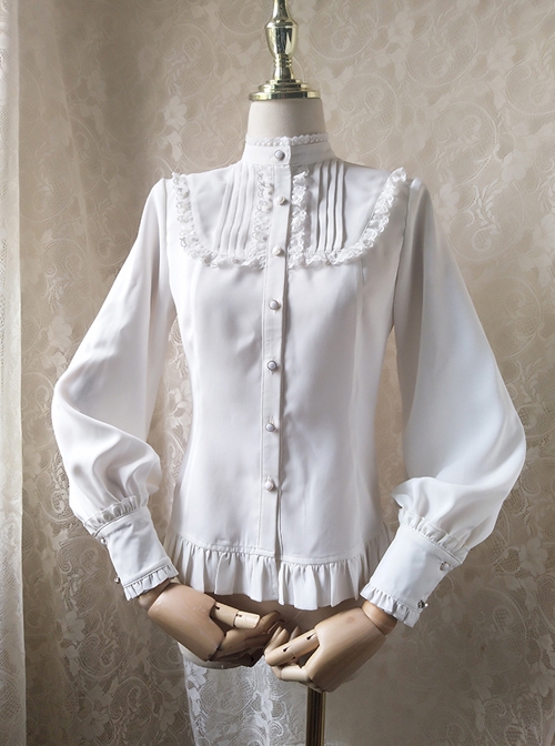 Solid Color Lace Stand Collar Daily Classic Lolita All-Match Spring Autumn Long-Sleeved Shirt