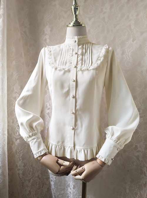 Solid Color Lace Stand Collar Daily Classic Lolita All-Match Spring Autumn Long-Sleeved Shirt