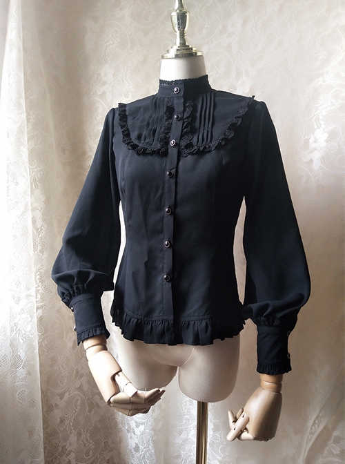 Solid Color Lace Stand Collar Daily Classic Lolita All-Match Spring Autumn Long-Sleeved Shirt