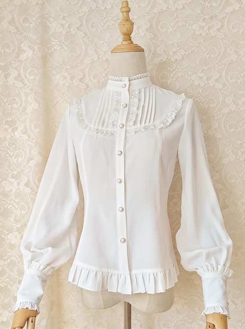 Solid Color Lace Stand Collar Daily Classic Lolita All-Match Spring Autumn Long-Sleeved Shirt