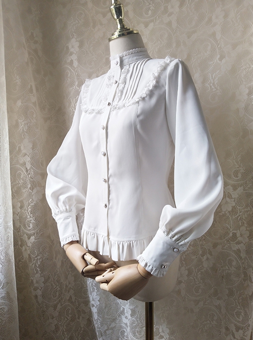 Solid Color Lace Stand Collar Daily Classic Lolita All-Match Spring Autumn Long-Sleeved Shirt