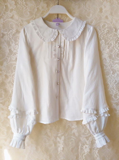 Spring Autumn Ruffled Doll Collar Lapel Lantern Sleeve Classic Lolita Long-Sleeved Shirt