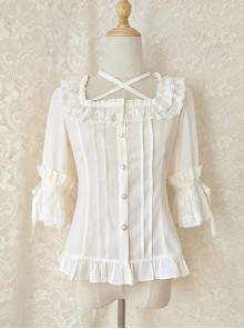 Elegant Square Neck Lacing All-Match Lace Chiffon Classic Lolita Half-Sleeved Shirt