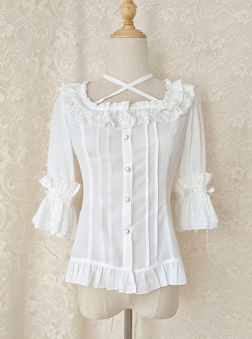 Elegant Square Neck Lacing All-Match Lace Chiffon Classic Lolita Half-Sleeved Shirt