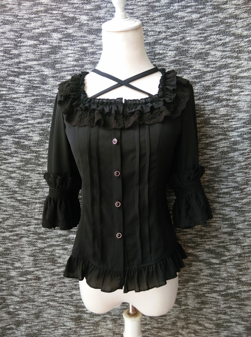 Elegant Square Neck Lacing All-Match Lace Chiffon Classic Lolita Half-Sleeved Shirt