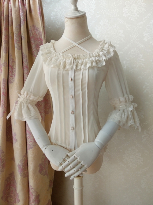 Elegant Square Neck Lacing All-Match Lace Chiffon Classic Lolita Half-Sleeved Shirt