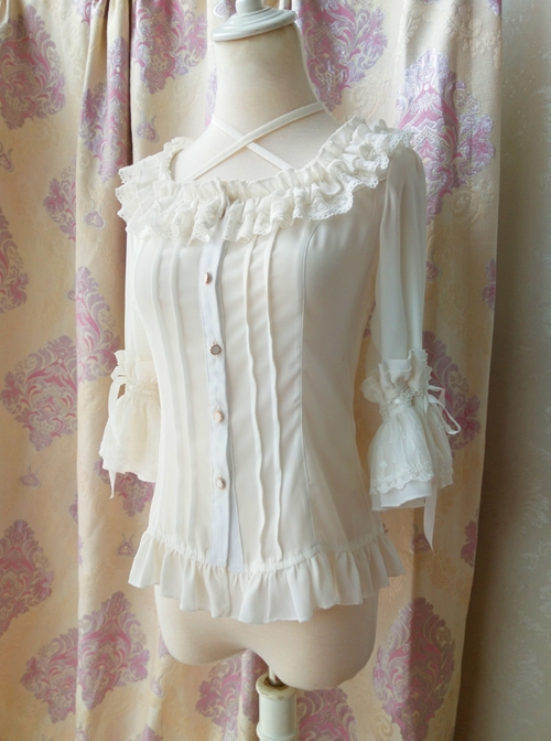 Elegant Square Neck Lacing All-Match Lace Chiffon Classic Lolita Half-Sleeved Shirt