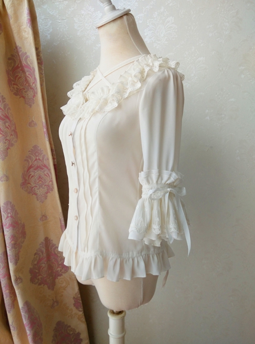 Elegant Square Neck Lacing All-Match Lace Chiffon Classic Lolita Half-Sleeved Shirt