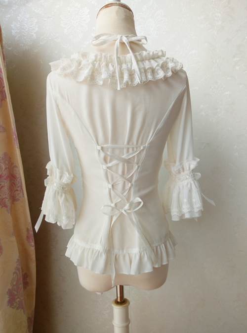 Elegant Square Neck Lacing All-Match Lace Chiffon Classic Lolita Half-Sleeved Shirt