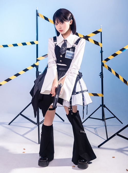 Fashion Stand Collar Vest Stripes Irregular Hem Design Punk Lolita Shirt Skirt Set