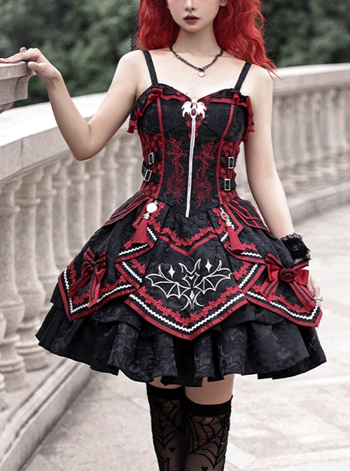 Black-Red Gorgeous Embroidered Jacquard Bat Detachable Tassel Bowknot Lacing Halloween Gothic Lolita Sleeveless Dress