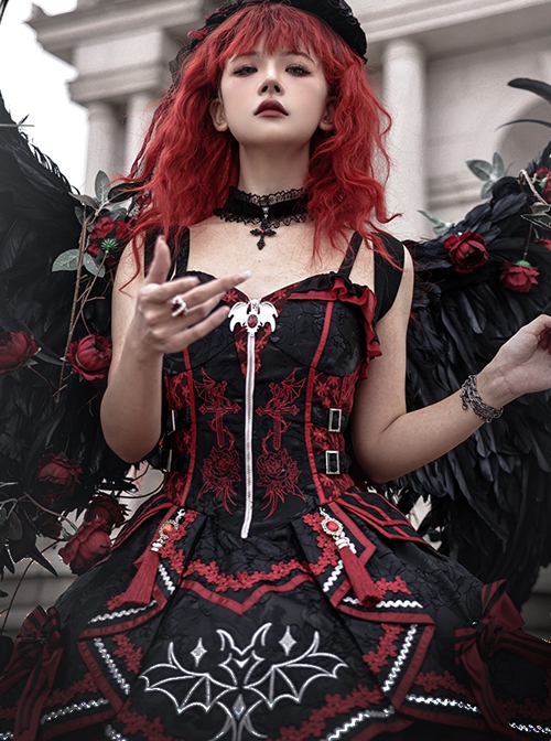 Black-Red Gorgeous Embroidered Jacquard Bat Detachable Tassel Bowknot Lacing Halloween Gothic Lolita Sleeveless Dress