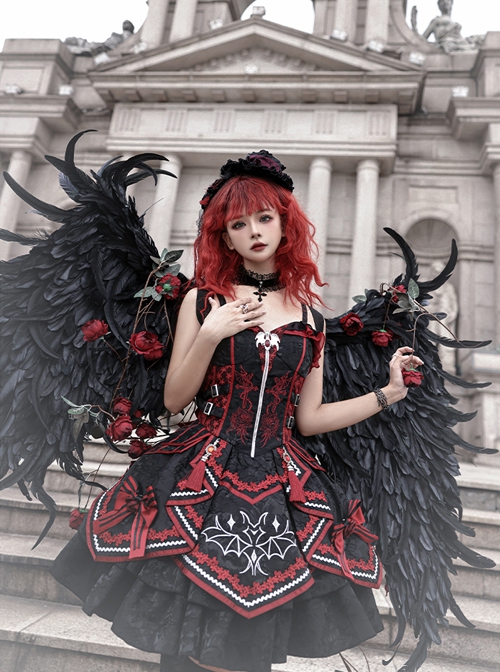 Black-Red Gorgeous Embroidered Jacquard Bat Detachable Tassel Bowknot Lacing Halloween Gothic Lolita Sleeveless Dress