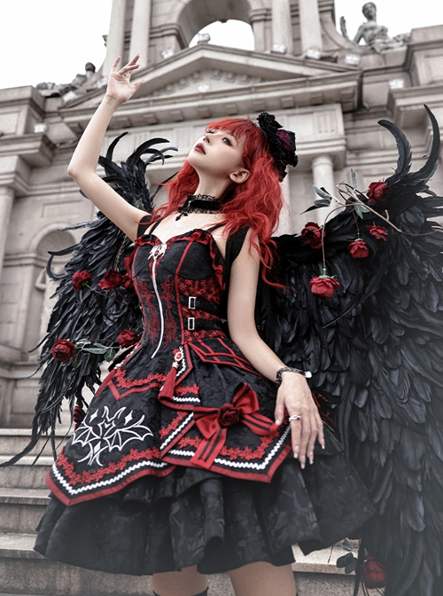 Black-Red Gorgeous Embroidered Jacquard Bat Detachable Tassel Bowknot Lacing Halloween Gothic Lolita Sleeveless Dress