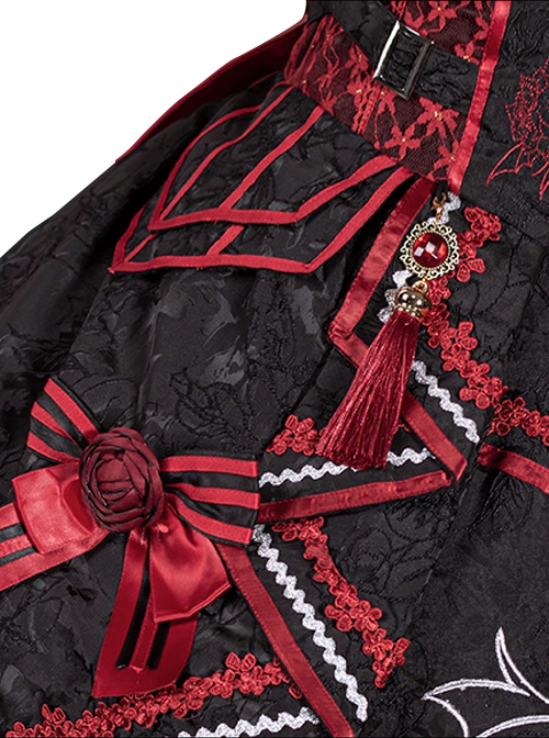 Black-Red Gorgeous Embroidered Jacquard Bat Detachable Tassel Bowknot Lacing Halloween Gothic Lolita Sleeveless Dress
